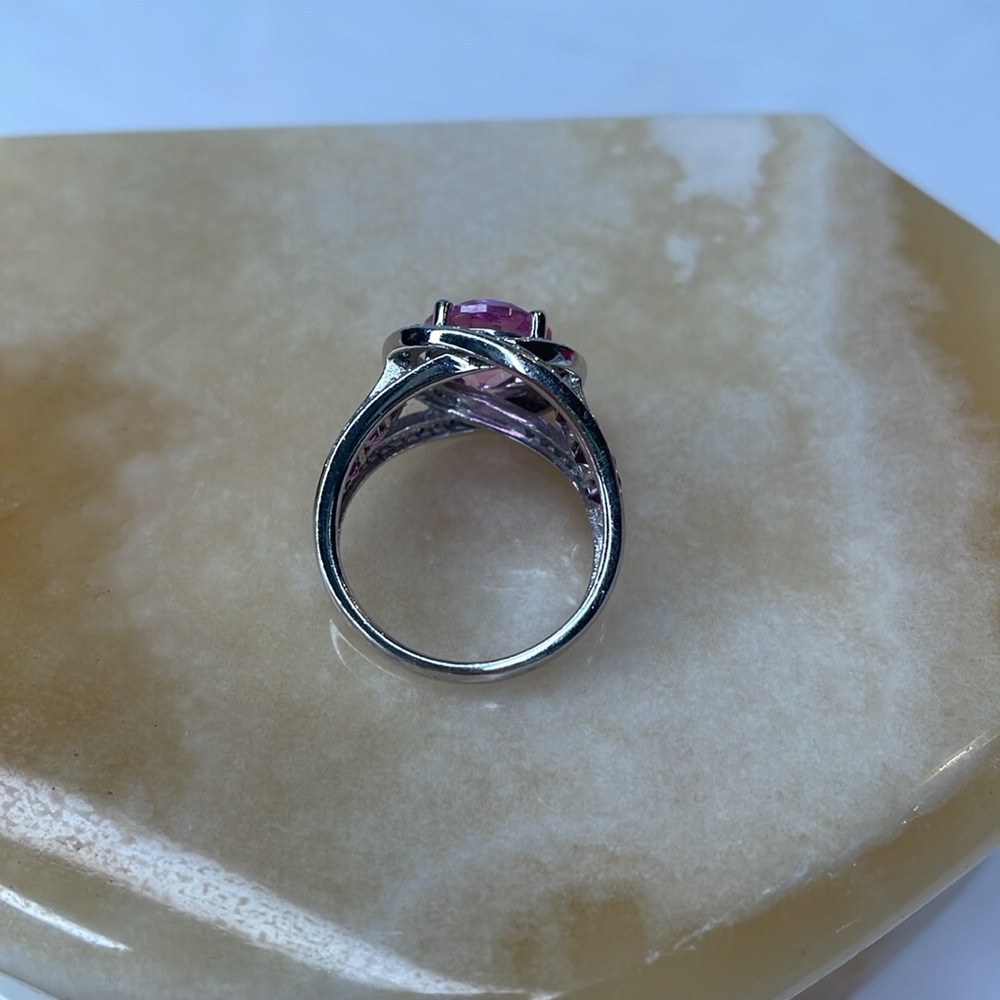 Ring Sterling Silver Pink Halo Ring by JMBR Cubic Zirconia Cocktail Bling Ring - Picture 7 of 10